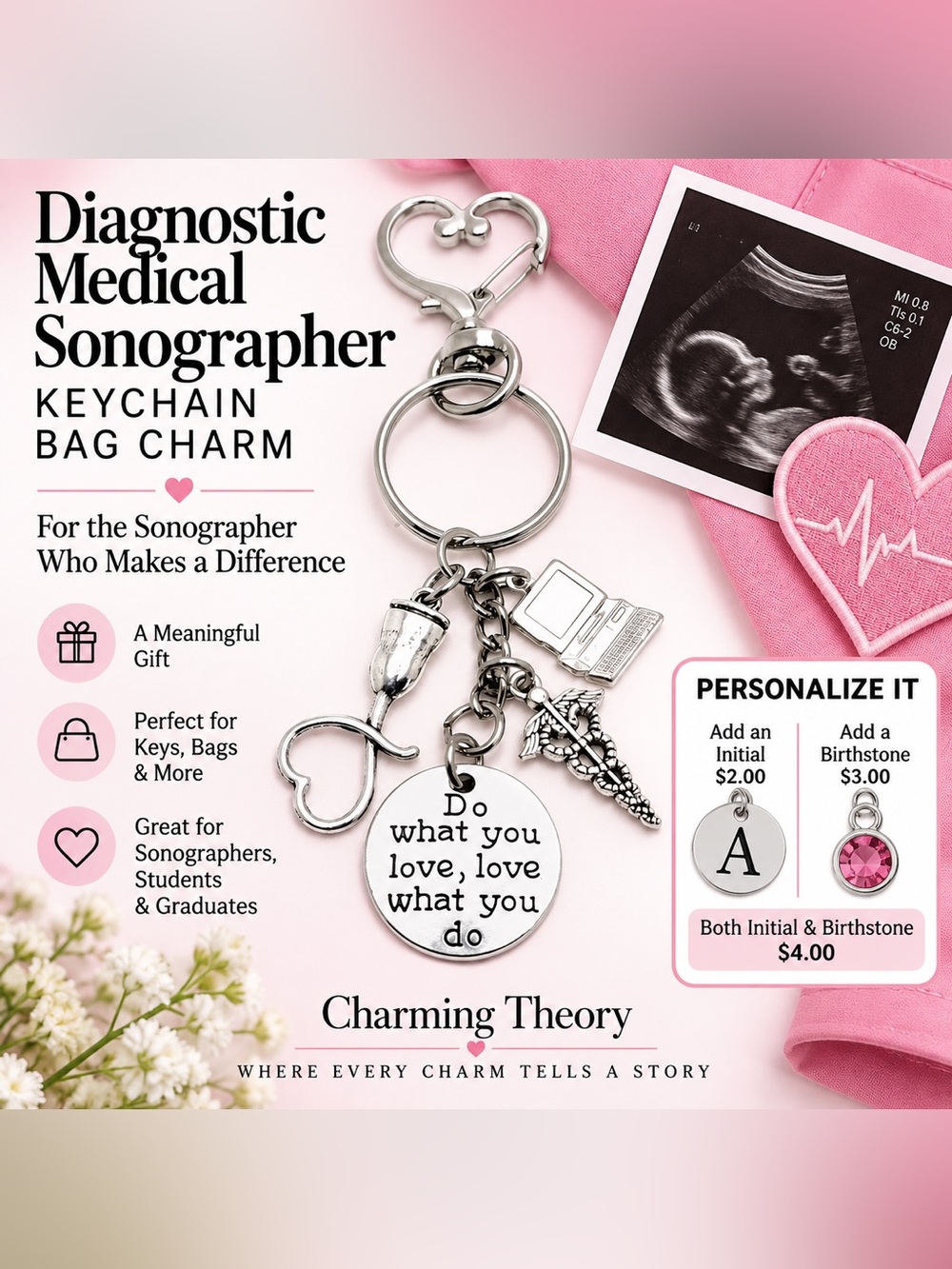 Sonographer Keychain Ultrasound Tech Bag Charm Personalized Gift